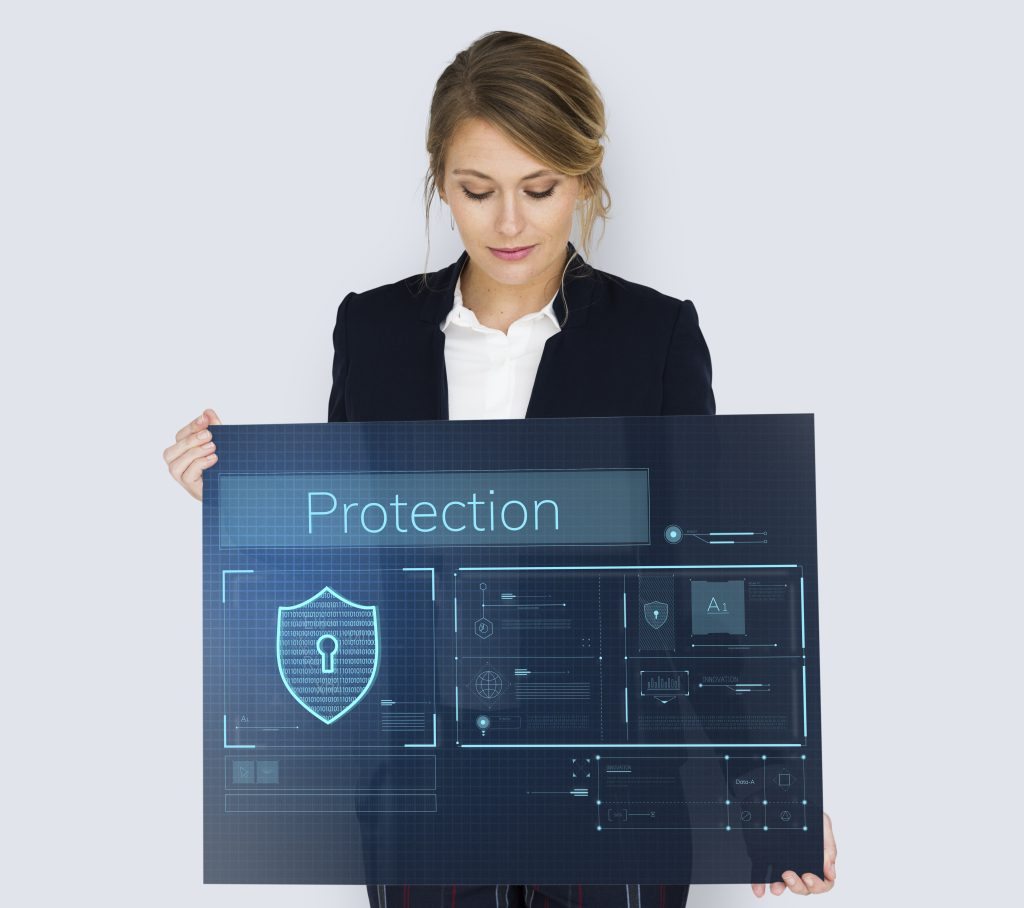 woman holding a graphic about network protection